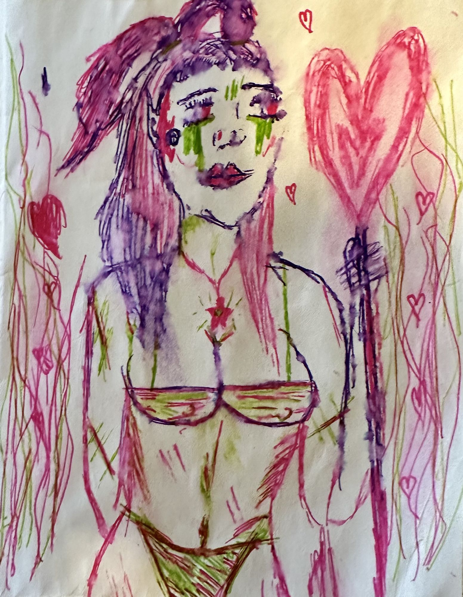 A pen and ink portrait of a warrior princess with long purple and pink hair. She holds a large heart on a spike. She is wearing an animal pr...