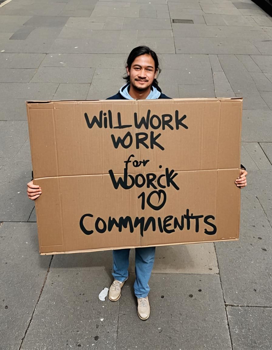 Homeless woman holding a cardboard sign that says, (WILL WORK FOR 10 COMMENTS)