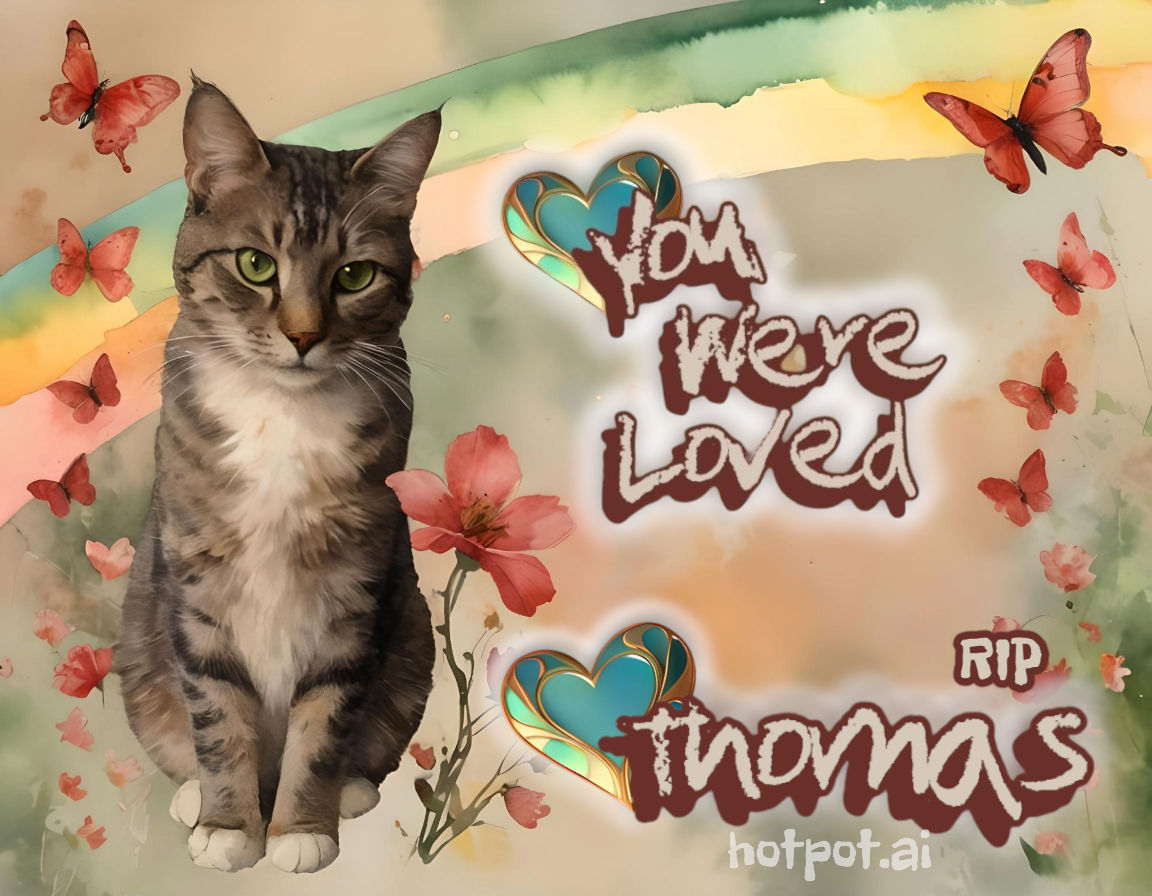 A gray tabby cat with a white chest on a background with a rainbow in shades of olive green and peach with text that reads "You Were Loved T...