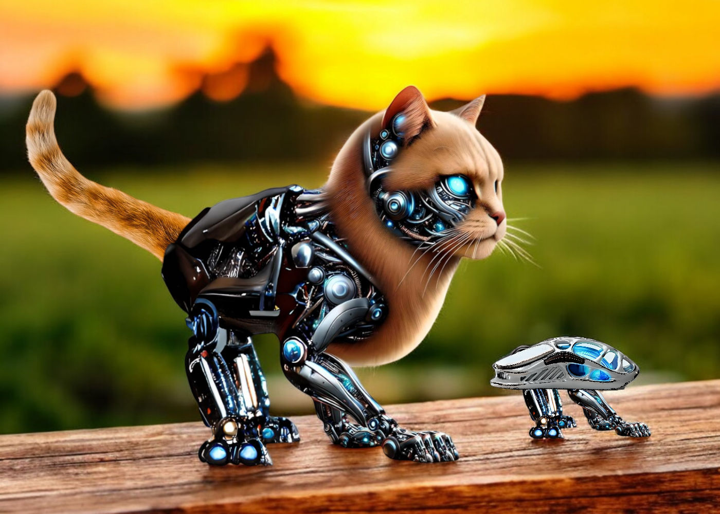 A cyborg cat, following a computer mouse, on a patio at dusk, Digital color photography masterpiece. Hyperrealistic, professional color port...