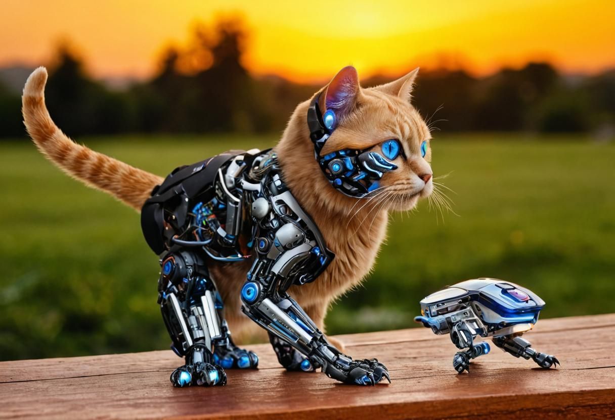 A cyborg cat, following a computer mouse, on a patio at dusk, Digital color photography masterpiece. Hyperrealistic, professional color port...