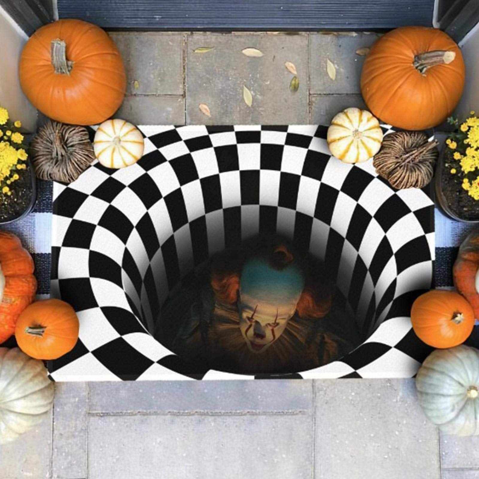 3D floor mat made of black and white checkers surrounded by pumpkins