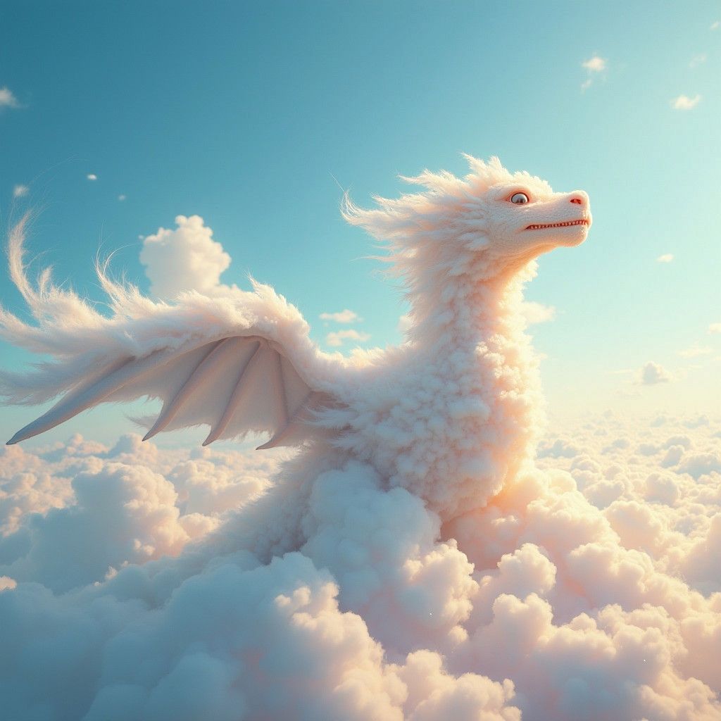 full body shot, adult short-haired light beige cat with angel wings, 3/4 profile, made entirely of loose fluffy clouds, flying in the clouds...