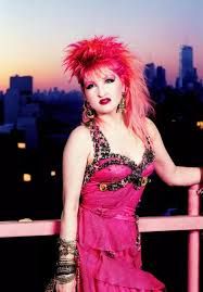 Gorgeous beautiful alluring Young Cyndi lauper with long blonde and pink hair, wearing a strapless pink dress. A Professional photography, b...
