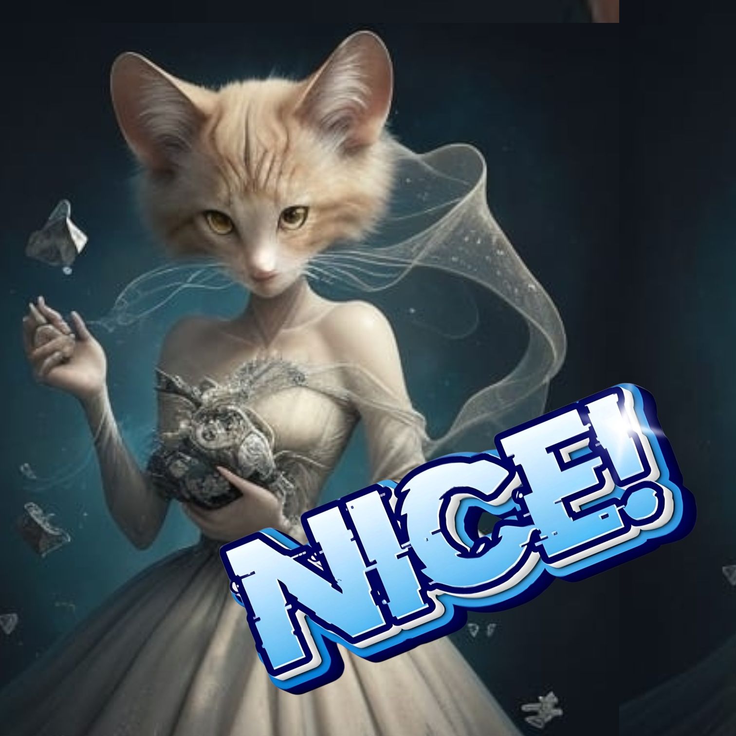 Text that says NICE above A breathtakingly surreal digital artwork in the style of Catrin Welz-Stein, Ashley Mackenzie, and Loish, featuring...