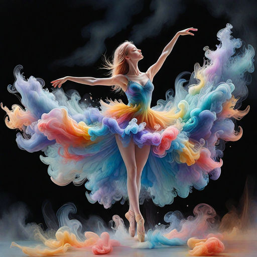 Goth ballet dancer with long back hair, shaking her head, messy hair, black tutu, black taffeta, impressionist watercolor, serene landscape,...