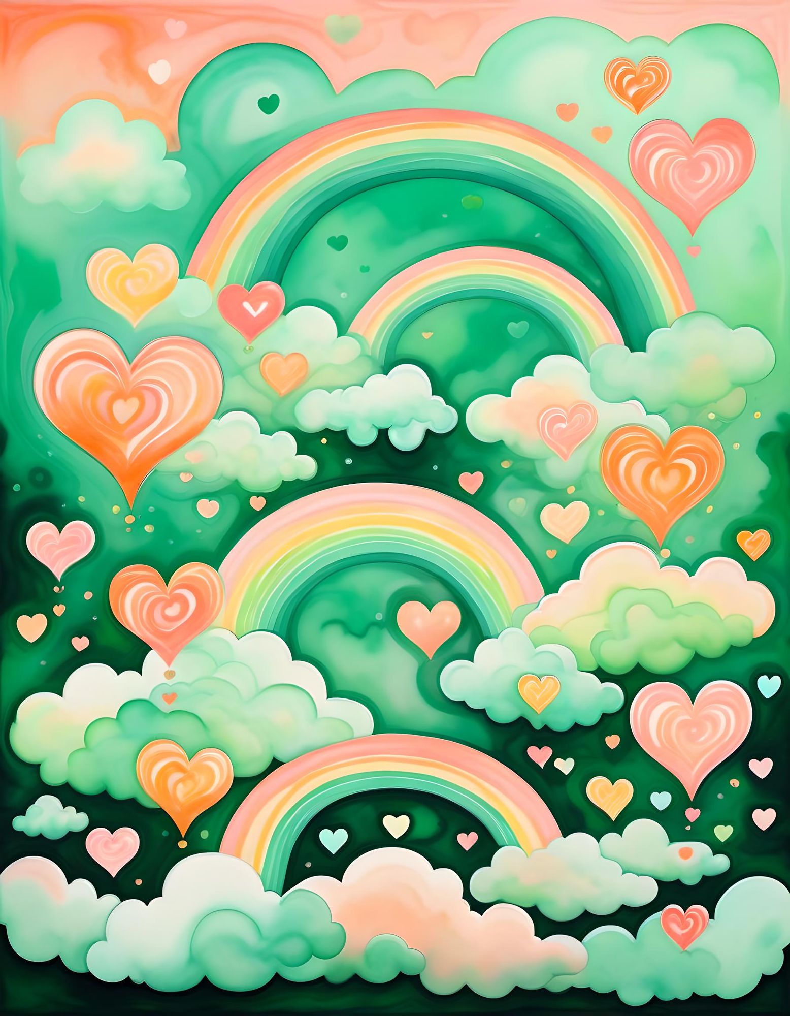 A fantastical collage of Psychedelic swirly hearts and rainbows in shades of green and peach, kirigami effect. 8k resolution concept art hyp...