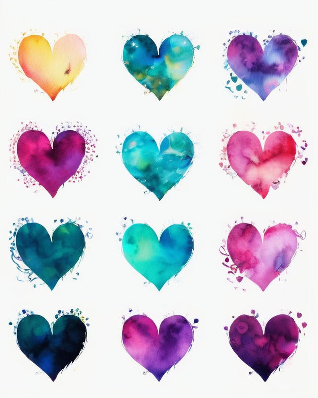 fancy decorative hearts in a RAINBOW COLORS color scheme with an MODERN ART, ART NOUVEAU design, SUEDE finish. BUBBLE ART, WATERCOLOR PAINT,...