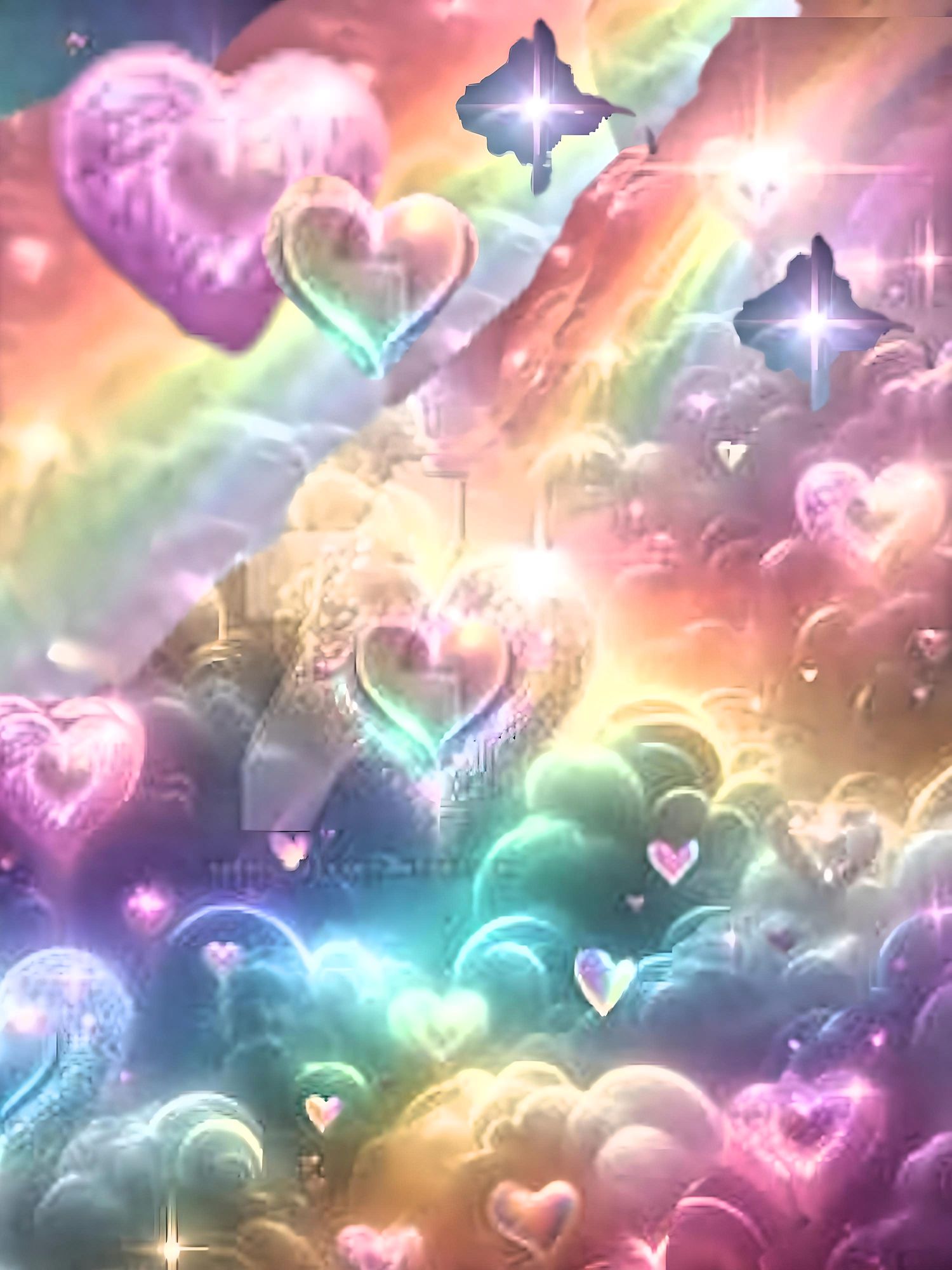 A collage of psychedelic swirly hearts and an extra large extra wide rainbow stretching across the screen in shades of pastel pink and paste...