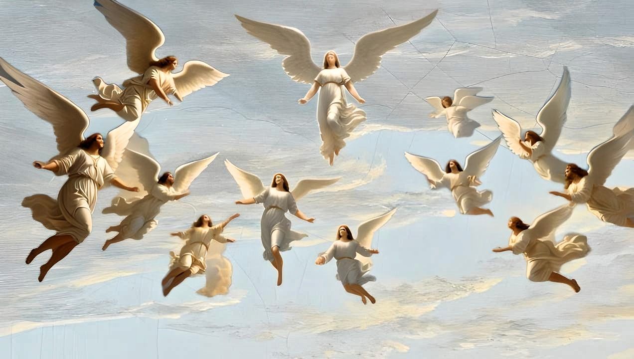 A magical mystical heaven with an ORANGE AND GOLD color scheme. A family of small cute white angel mice with sparkling white wings, wearing...