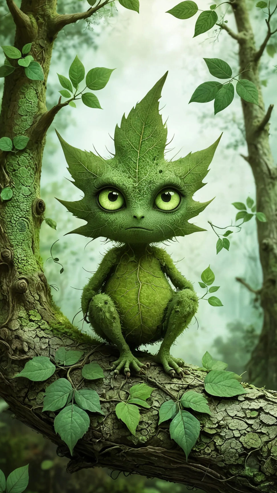 An endearing autumn maple leaf creature with a scrunched up, grumpy expression and large, expressive sad eyes that seem to hold a deep sorro...