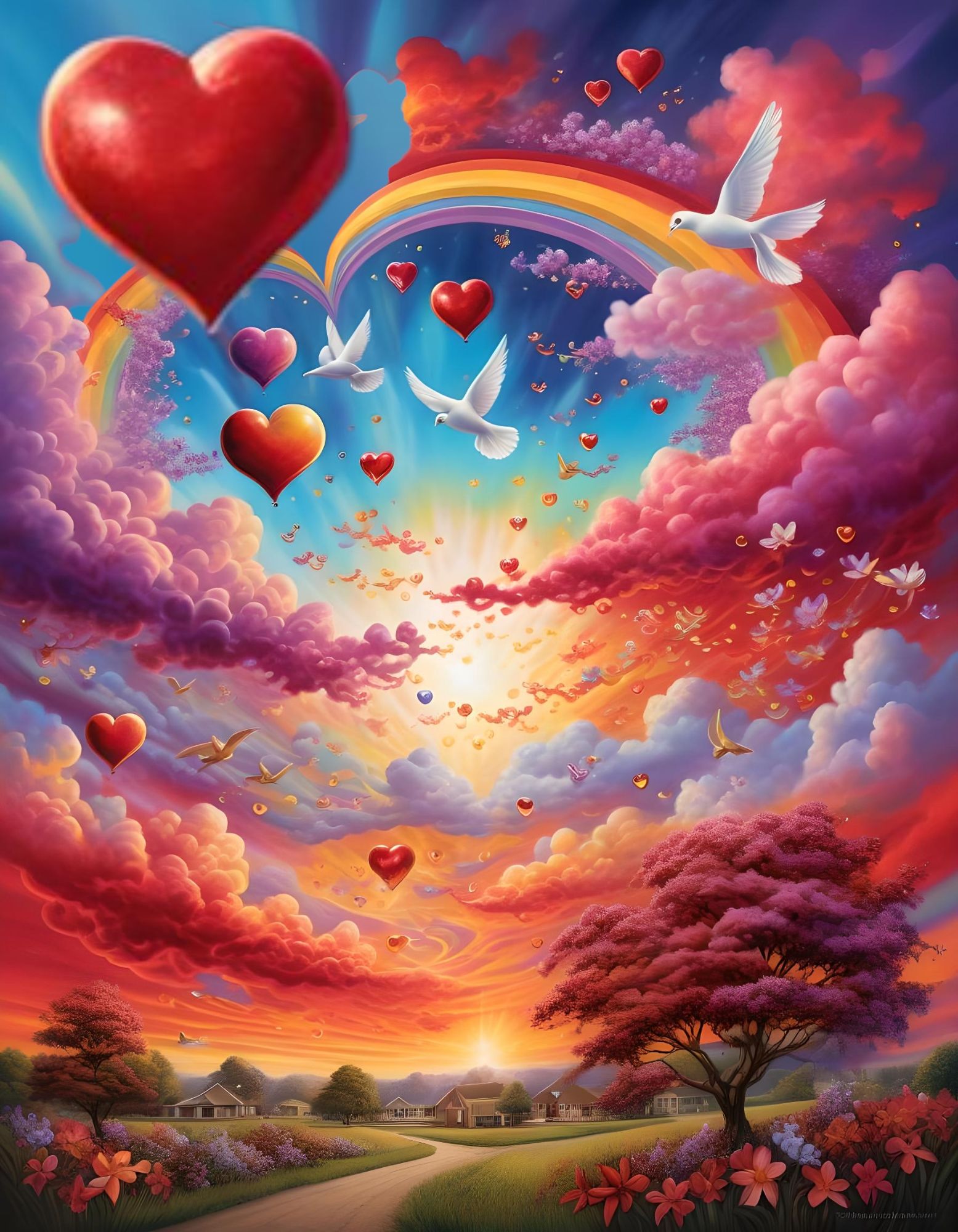 An artistic creation of large psychedelic swirly heart shapes on a mystical GOLDEN sky with an extra large extra wide arched rainbow in shad...