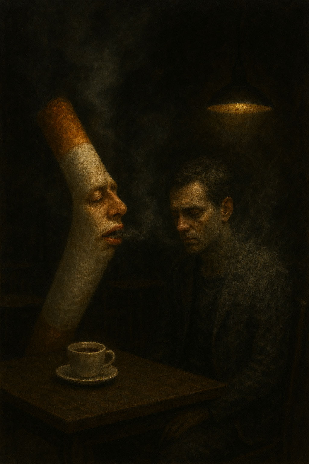 A giant cigarette with a realistic human mouth is smoking a man sitting at a table.  
The man, with a tired and melancholic expression, begi...