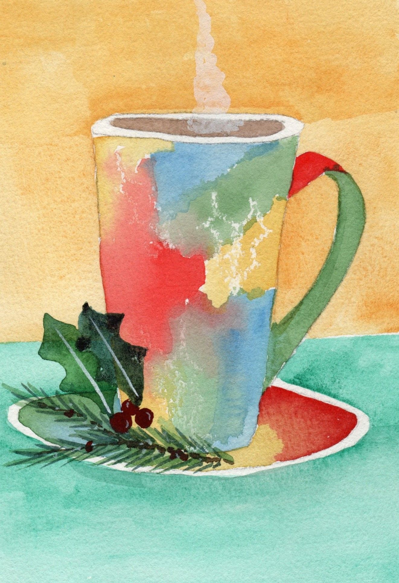 Watercolor of a steaming Christmas latte