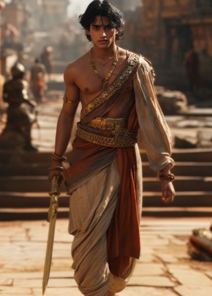 a young warrior prince with open long hair and a gold head band. handsome tall with good physique. wearing  beige loose pants tucked in brow...