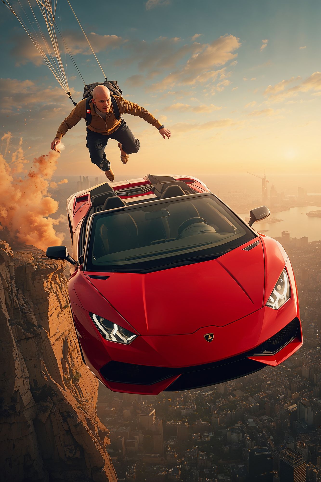 Swap the guy in the photo with the car for the photo of the other guy, change his pose slightly to match facing forward, preserve all other ... - Start Image 1