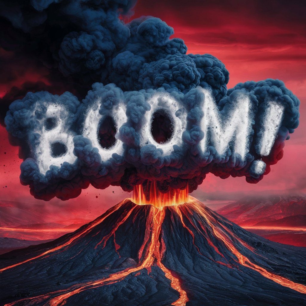 The word "Boom!" spelled out in the smoke from an erupting volcano.