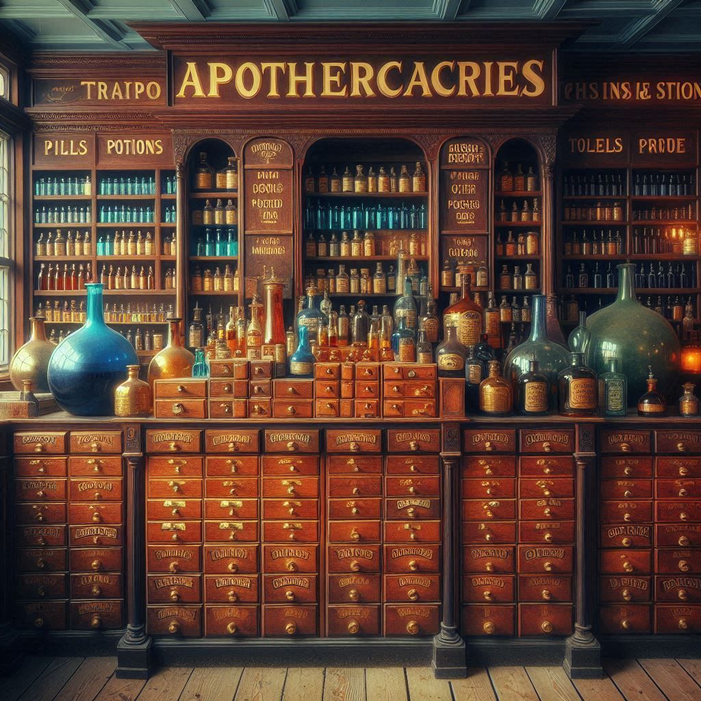 THE WALLS OF SMALL WOODEN DRAWERS IN THE APOTHERCARIES SHOP  THAT HAD BRASS LABEL'S TELLING WHAT WAS IN THEM  PILLS  OR POTIONS OR OTHER MED...