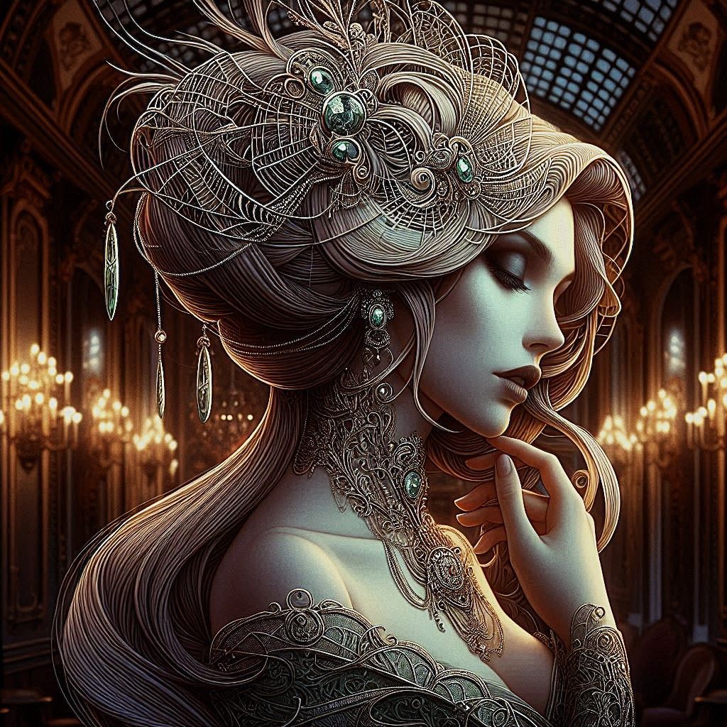 ART NOUVEAU. A PORTRAIT OF A MYSTERIOUS WOMAN WITH LONG, FLOWING HAIR WOVEN INTO DELICATE SPIDERWEB PATTERNS. SHE WEARS ORNATE, FILIGREED JE...