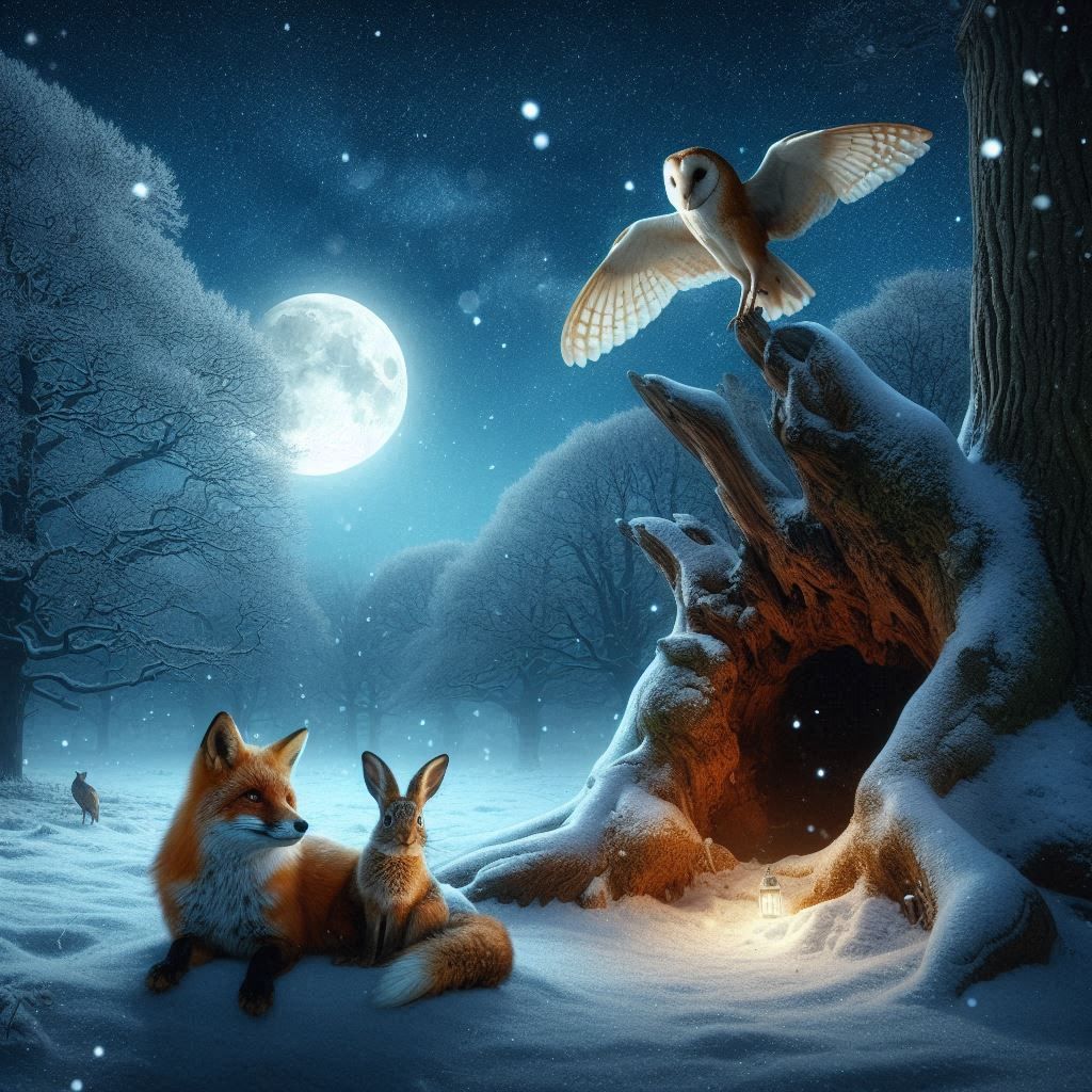 THE FOX AND THE STAR GAZING HARE SAT IN THE SNOWY WOODLAND CLEARING BATHED IN THE  LIGHT OF THE FULL MOON AND  TWINKLING  STARLIGHT THE BARN...