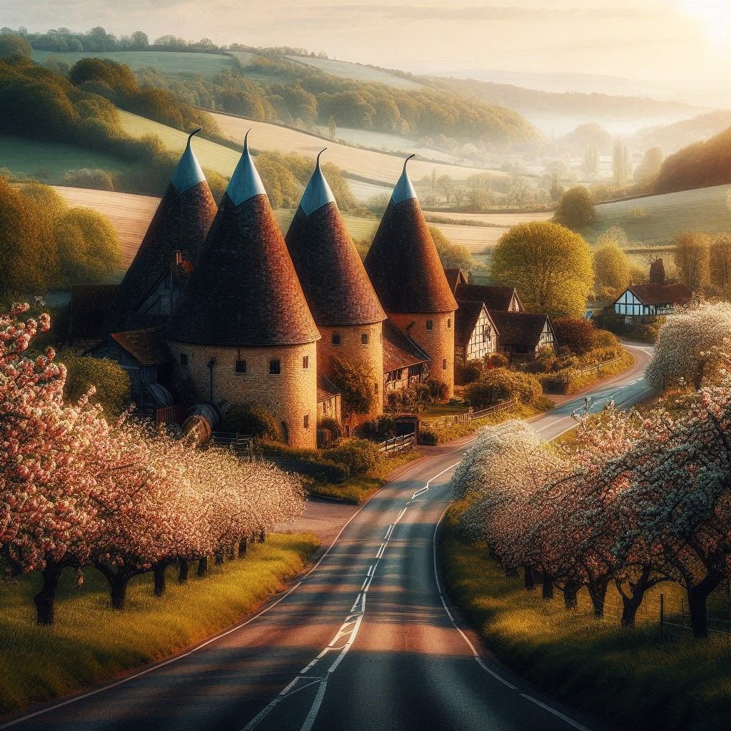 OAST HOUSES STANDING BY THE ROAD TO THE FARM THAT WAS LINED WITH APPLE ORCHARDS IN FLOWER WATERCOLOUR IN THE STYLE OF ROLAND HILDER