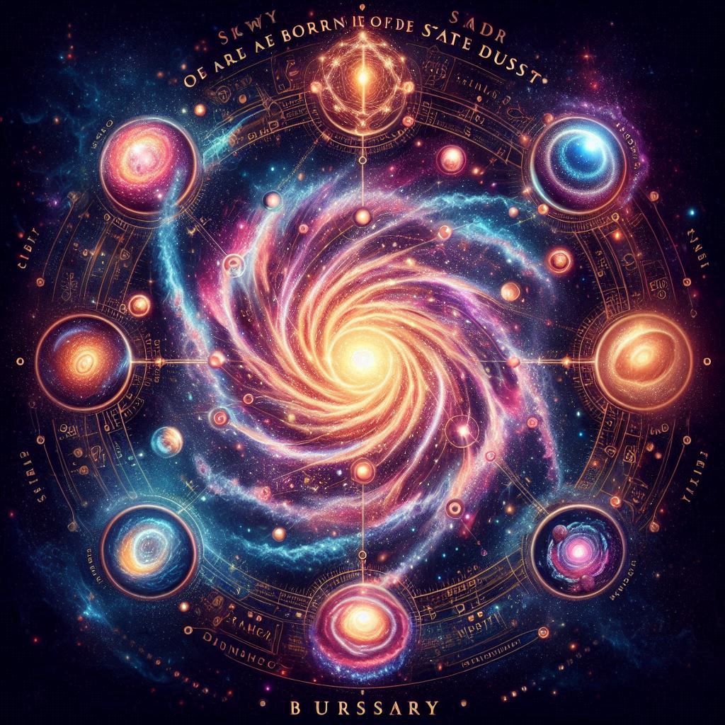 WE ARE MADE OF STAR  DUST AND ARE BORN INTO THIS VAST UNIVERSE AS THE ATOMS THAT MAKE THE GALAXIES.  TO THAT BURSARY WE WILL RETURN