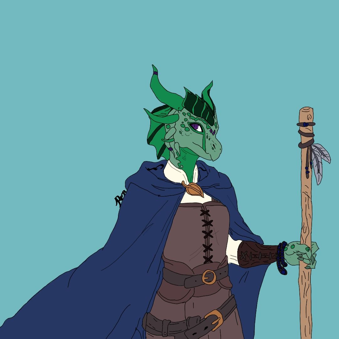 Female dragonborn with purple eyes, green scales, and a naturalistic vibe simple clothes poor druid