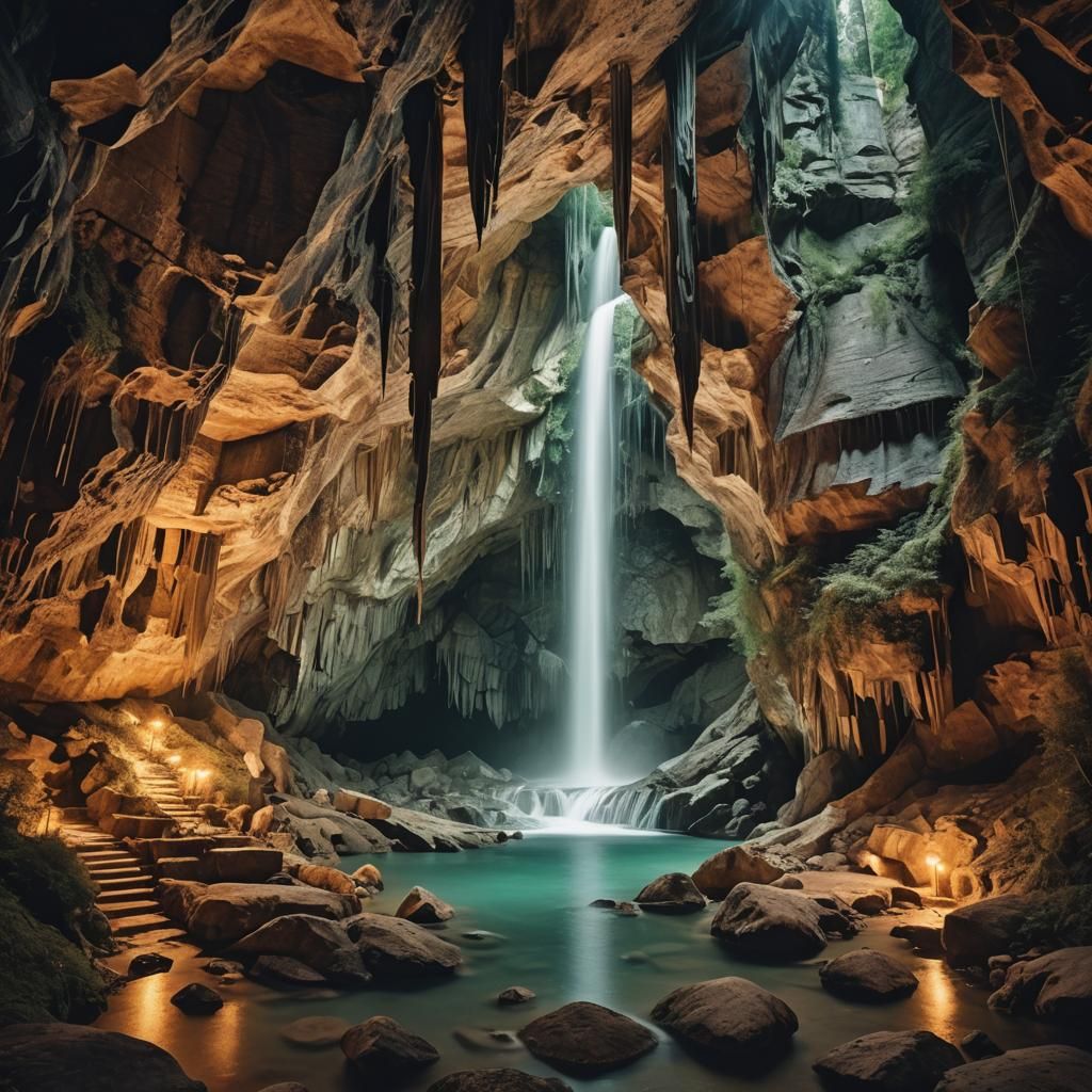 paysage cascade magique, lumière magique, femme noire luminescente , grotte HDR ethereal split-complementary colors film noir Guido Borelli...