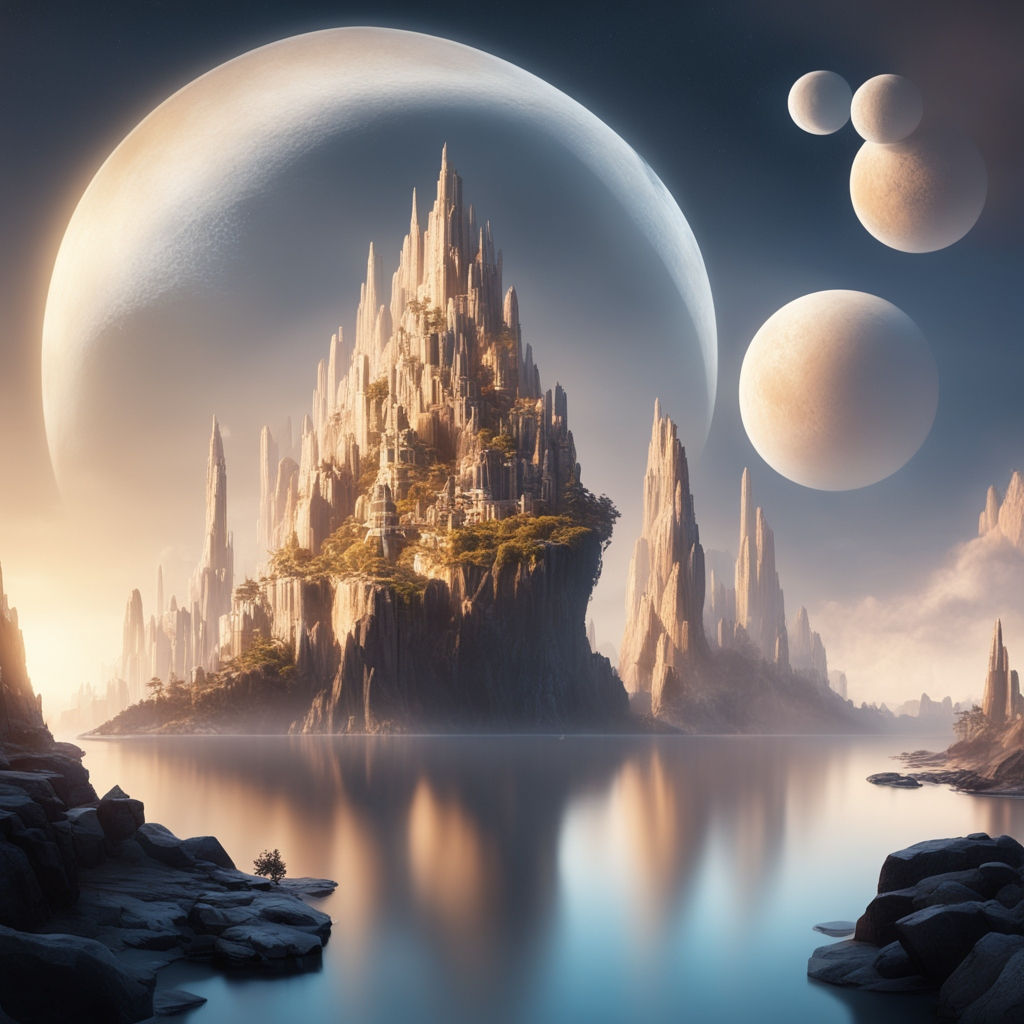 A stunning scene of an incredible impossible architecturally designed cliffside house on the edge of a beautiful watering hole with a small...