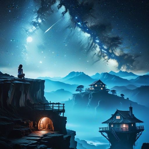 A stunning scene of an incredible impossible architecturally designed cliffside house on the edge of a beautiful watering hole with a small...