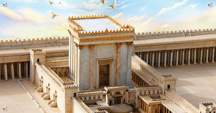 Second Temple on Temple Mount, Josephus description — grand white limestone and gold temple on raised platform, two massive bronze pillars J...