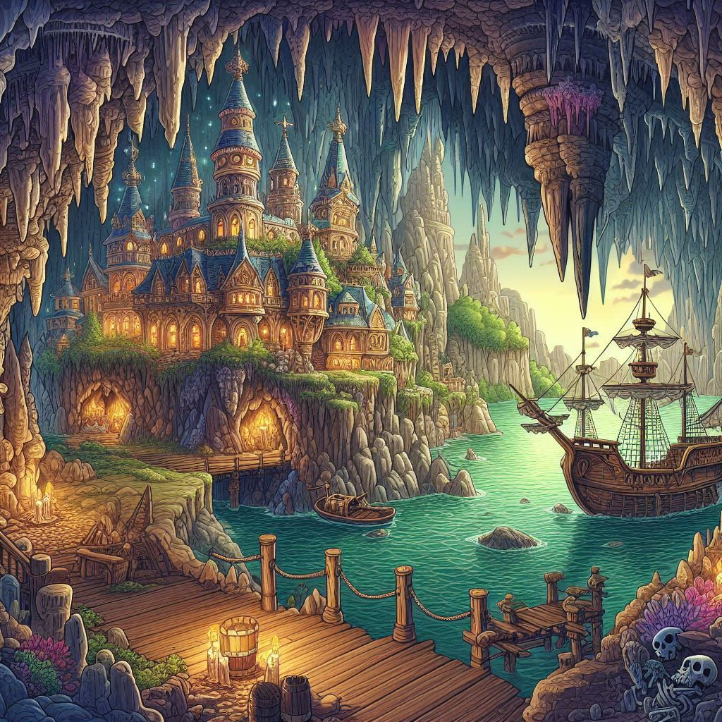 <lora:My Style:1.0> <lora:Van Gogh style:1.0> Beautiful castle in a cavern with stalactites and stalagmites with a lake and a dock