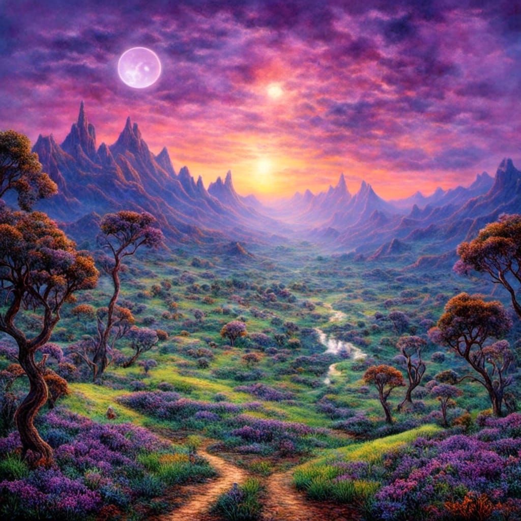 <lora:Robertcrumb:1.0> <lora:Van Gogh style:1.0> <lora:My Style:1.0> <lora:My illustration:1.0> Beautiful valley at sunset with green sky an...