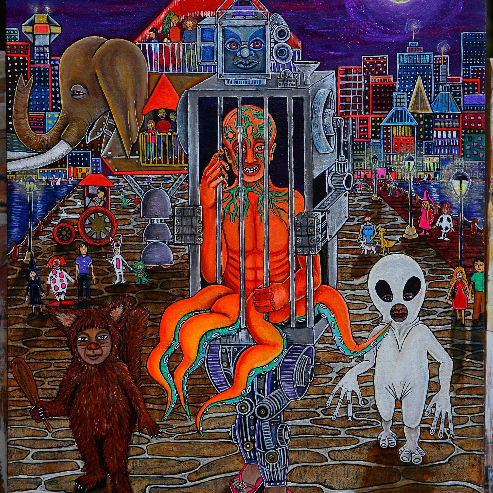 <lora:My Style:1.0> Costume festivity on an ancient futuristic city with lush vegetation and giant elephant and a lake with a dock 