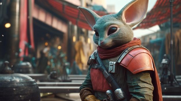 A realistic, cinematic, photo-realistic scene depicting a majestic black rabbit with a slender, adult human-like physique. The rabbit is sta...