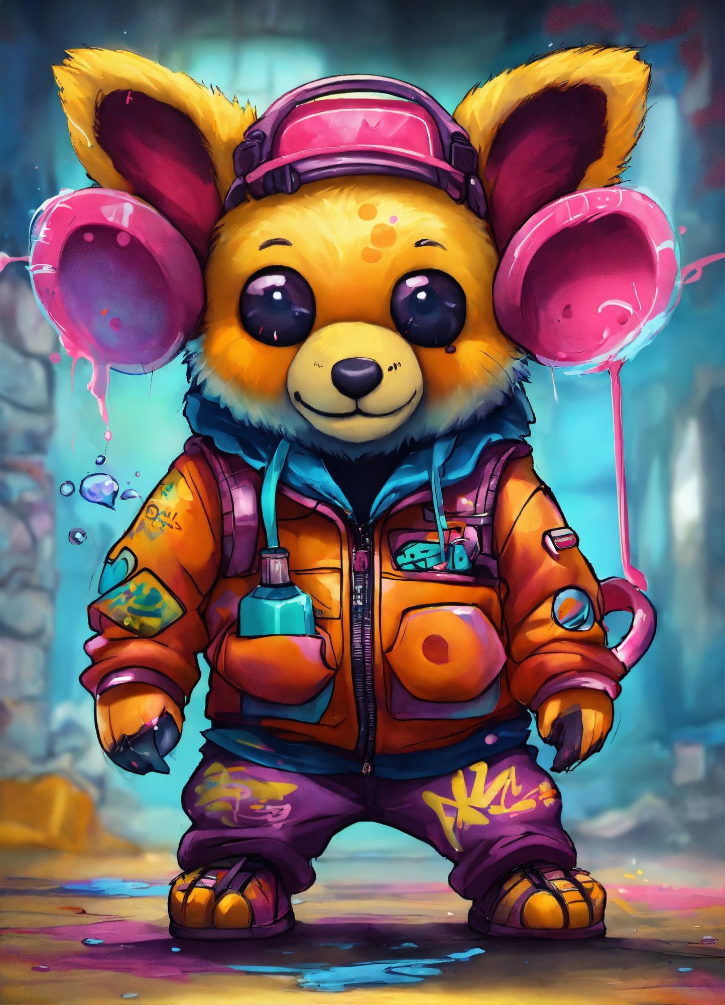 Create a vibrant, urban scene featuring a all white fluffy newborn poodle puppy with oversized, round ears and large, expressive eyes. The p...