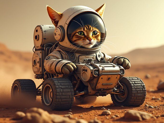 Create a playful, futuristic scene featuring a white baby poodle  puppy in a blue space traveling suit, riding a small, rugged black space r...