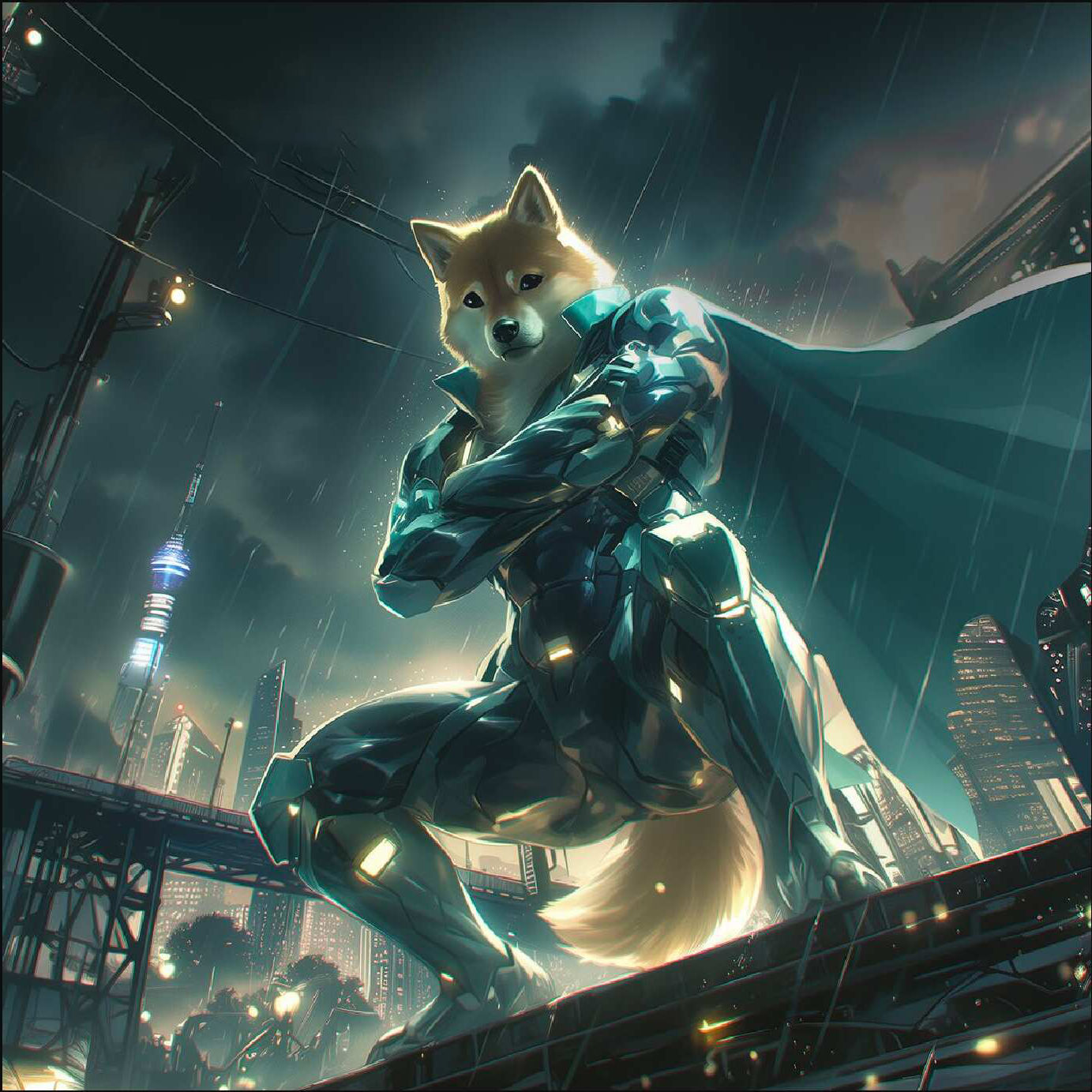 A humanoid black rabbit, glowing white large eyes, with golden mandalorian armor, no helmet standing on a futuristic city skyline at night,...