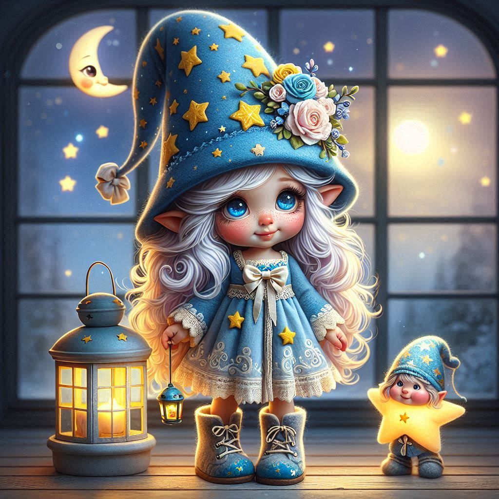 Die Gnomin erzählt mit dem kleinen Sternchen das leuchtet,alles glitzert und funkelt;