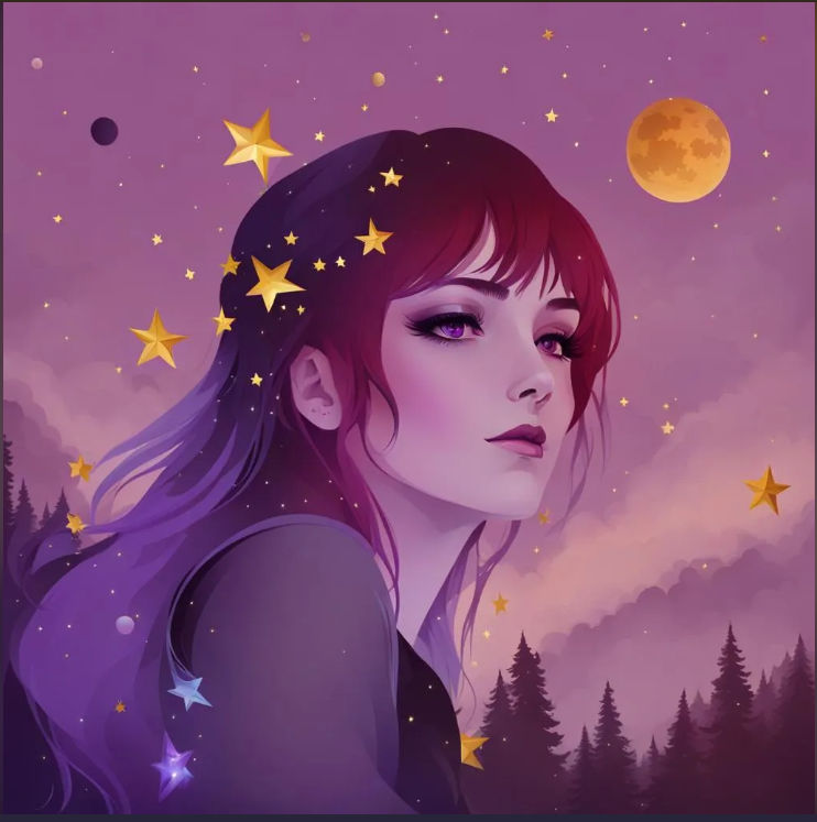 Purple, stardust, stars, beautiful woman, graffiti art, splash art, street art, spray paint, oil gouache melting, acrylic, high contrast, co...