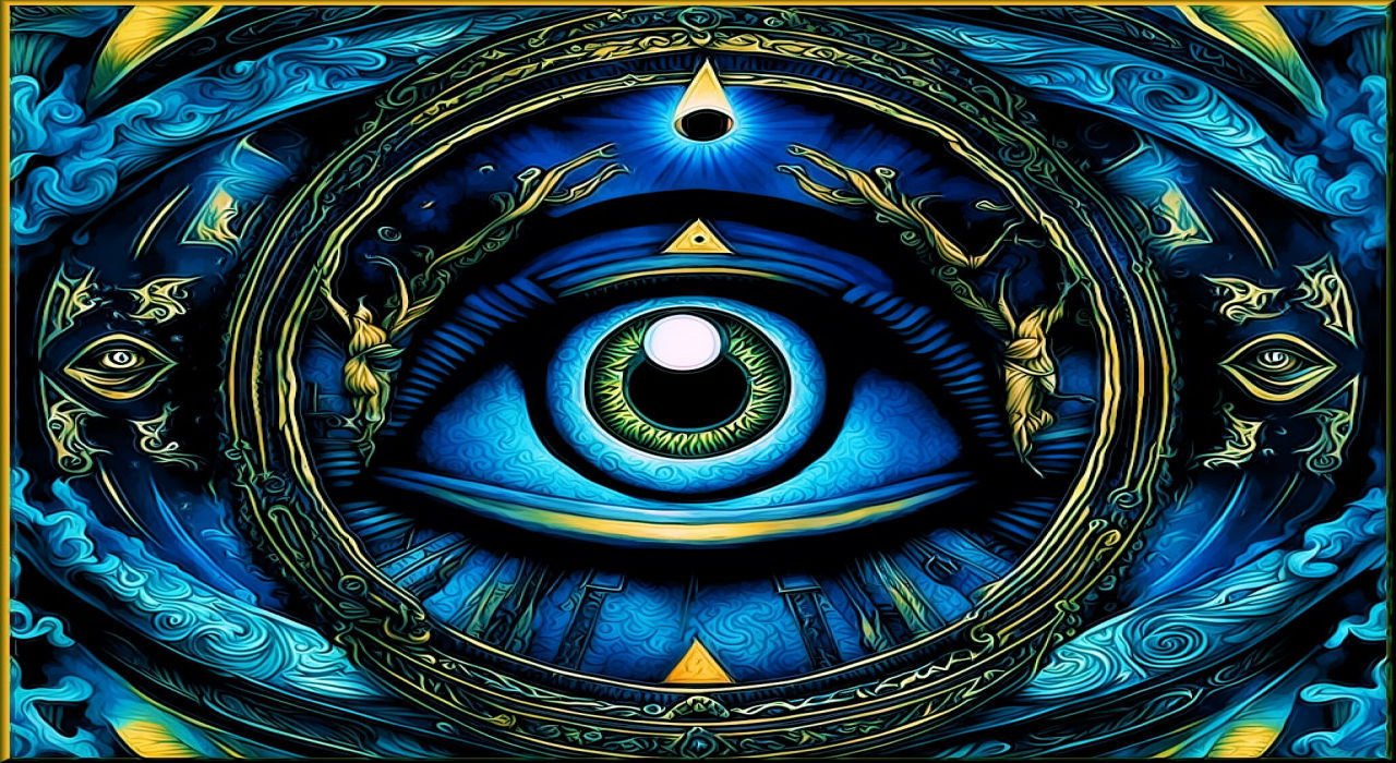 Futuristic landscape illustration. Medium shot. Alien-like figure in black suit standing at water's edge, looking out at horizon, with pyram...