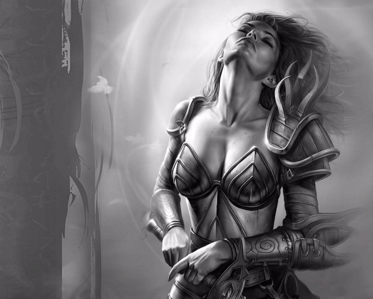 full body shot of a female paladin protagonist of an alien world during a stormy evening.