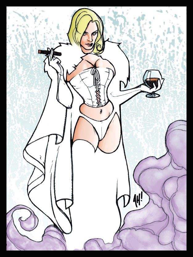 a woman with horns and a demon face on her head, surrounded by other demonic creatures and flowers, is depicted in a digital painting, by L...