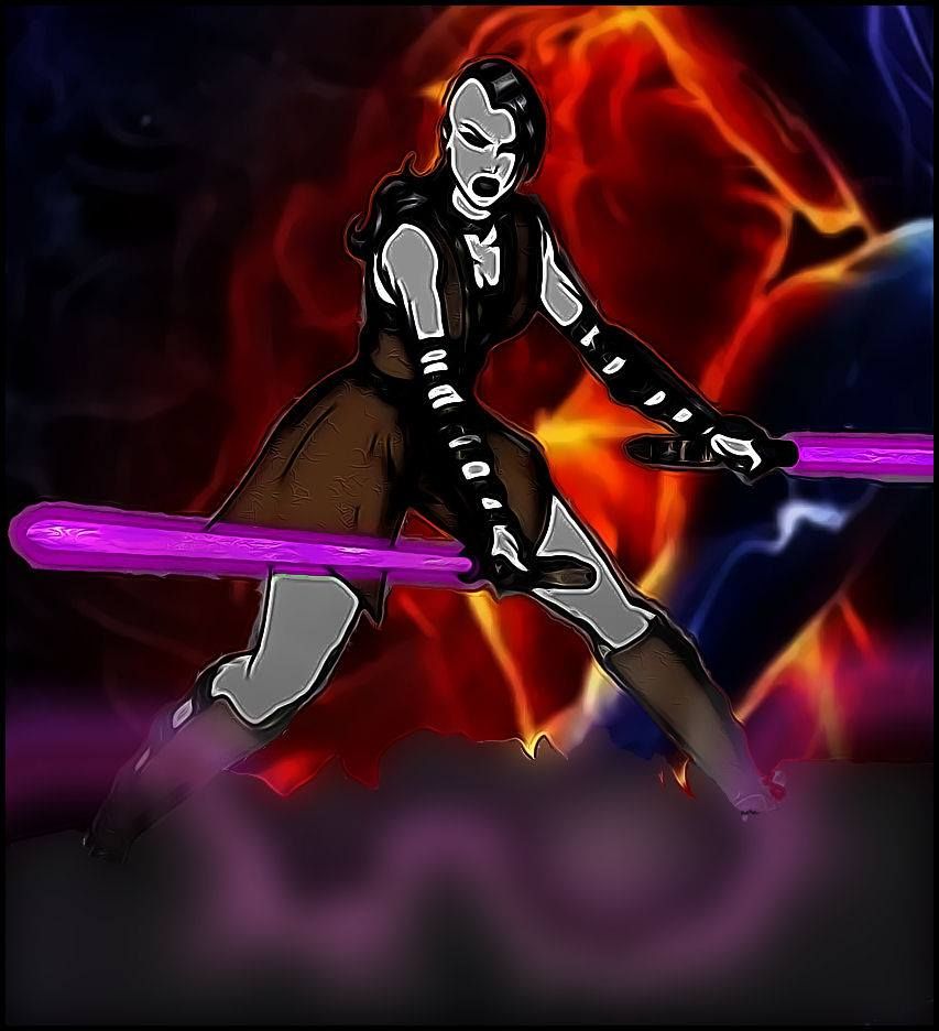 The image is a 3D rendering of a female character from the video game BloodRayne. She is standing in front of a grand building with columns ...