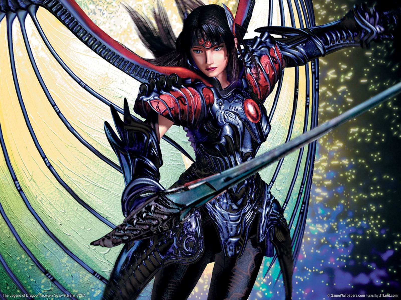 Eerie dystopian surrealism. Dramatic angle. A female warrior with long black hair and red eyes, wearing intricate black, red, and blue armor...