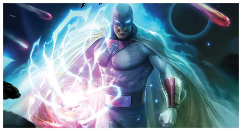 Dark fantasy, medium shot. Space Ghost with pearl-white skin, chrome eyes, and iridescent clothing stands sinisterly. Film noir cinematograp...