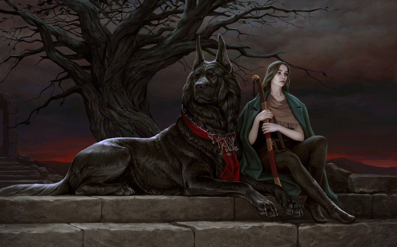 The image is a digital illustration of a young woman sitting on a stone staircase with a large black dog lying next to her. The woman is wea...