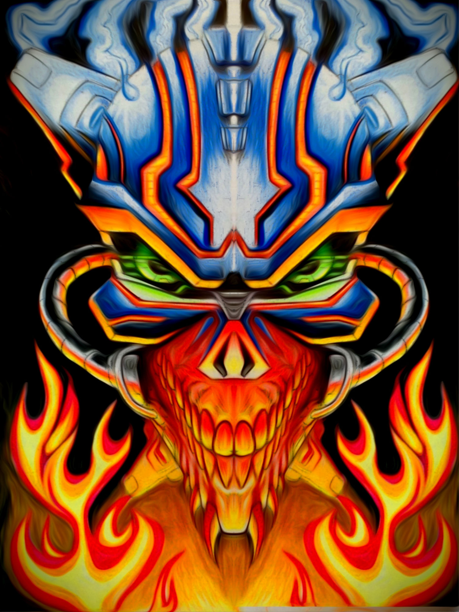 cyber demon with flames around a skull with a chrome helmet and green eyes with tubes coming off the sides
