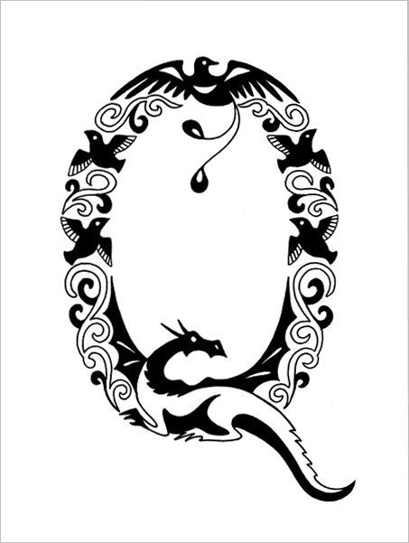 medieval initial letter with birds and flowers, letter O