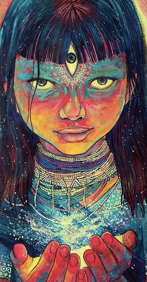 red skin chibi hindu devi goddess bodhisattva, red skin, teal hair, teal jewelry, smile happy joyful blissful, glowing skull, lotus, crystal...